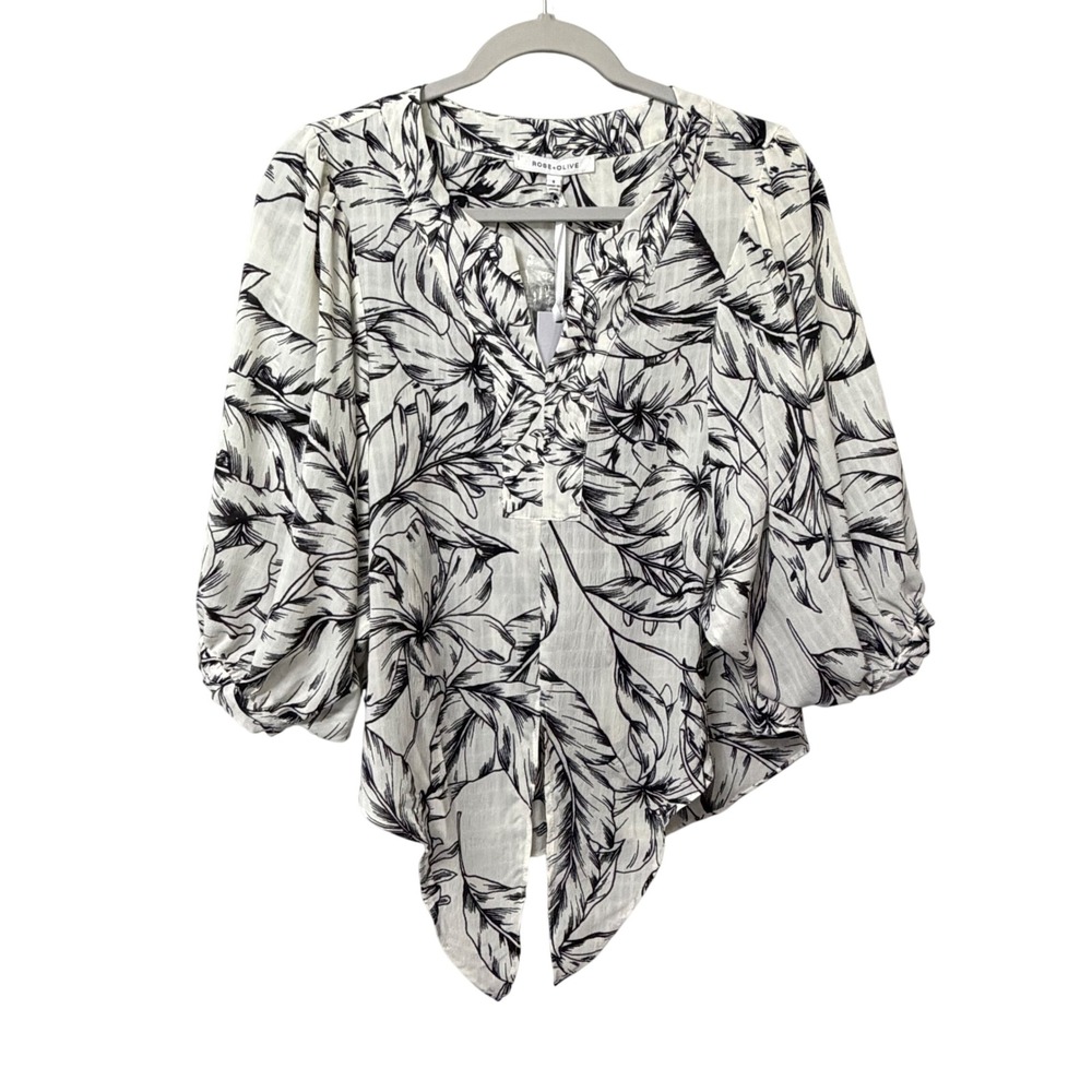 Rose + Olive Women Size S White Black Floral Tie Front Balloon Sleeve Blouse NWT